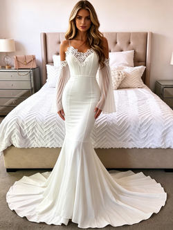 White Mermaid Straps Lace Long Sleeve Wedding Dress