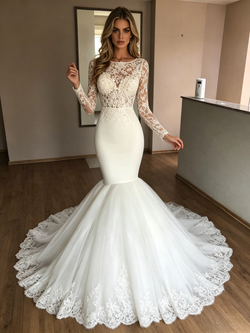 White Mermaid Tulle Lace Long Sleeve Wedding Dres