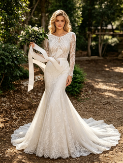 White Mermaid Lace Long Sleeve Wedding Dress