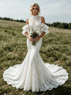 Sexy White Mermaid Lace High Neck Wedding Dress