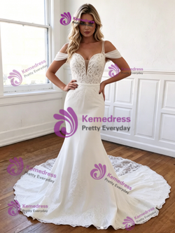 White Mermaid Straps Lace Appliques Wedding Dress