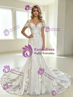 White Mermaid Tulle Appliques Long Sleeve Wedding Dress