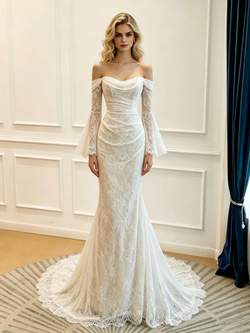 White Mermaid Long Sleeve Lace Pleats Wedding Dress