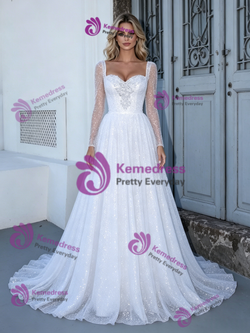 White Sequins Long Sleeve Wedding Dress