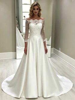 White Satin Lace Off the Shoulder Short Sleeve Wedding Dress