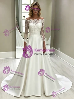 White Satin Lace Off the Shoulder Short Sleeve Wedding Dress