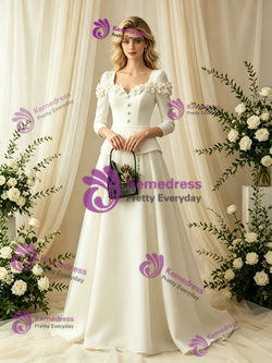 Ivory Long Sleeve Satin Flower Wedding Dress