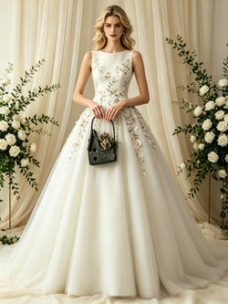 White Tulle Scoop Neck Appliques Wedding Dress