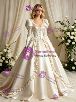 Vintage Ivory Satin Long Sleeve Beading Wedding Dress