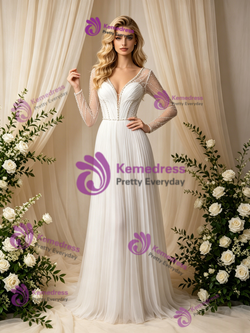 Long Sleeve V-Neck Backless Pleats Beading Wedding Dress