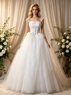 Beige White Tulle Pleats Beading Wedding Dress