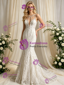 Sexy Beige White Mermaid Tulle Appliques Wedding Dress
