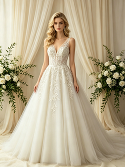 Beige White Tulle Lace Appliques Wedding Dress