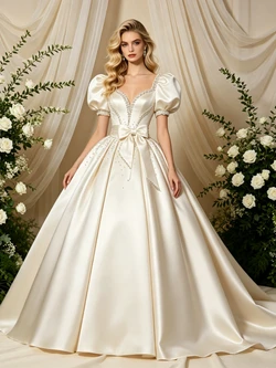 Ivory Satin Puff Sleeve Bow Beading Wedding Dress