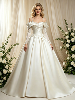 Vintage Ivory Satin Long Sleeve Straps Wedding Dress