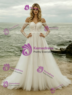 Beige White Off the Shoulder Lace Long Sleeve Wedding Dress