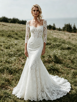 White Mermaid Square Neck Lace 3/4 Sleeve Wedding Dress