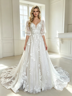 White Tulle Appliques V-Neck Puff Sleeve Wedding Dress