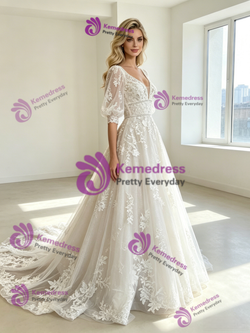 White Tulle Appliques V-Neck Puff Sleeve Wedding Dress