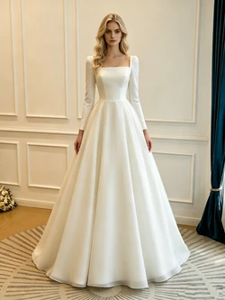White Satin Square Neck Long Sleeve Wedding Dress