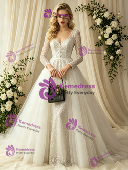 Long Sleeve Sequins V-neck Wedding Dress