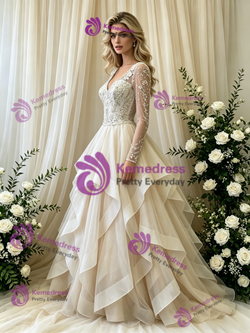 Ivory Tulle Long Sleeve V-Neck Beading Weding Dress