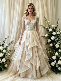 Ivory Tulle Long Sleeve V-Neck Beading Weding Dress