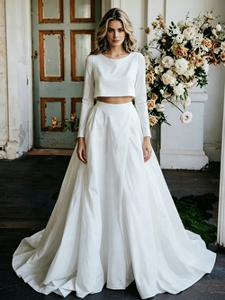 White Satin Long Sleeve Two Piece Wedding Dress