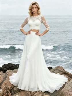White Two PIece Short Sleeve Lace Wedding Dress