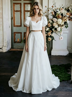 White Satin V-neck Two Piece Cap Sleeve Wedding Dress