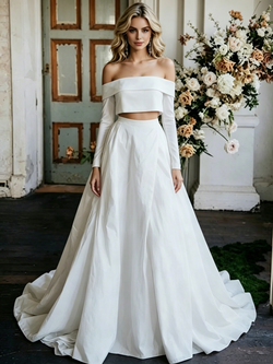 White Satin Two Piece Off The Shoulder Wedding Dress