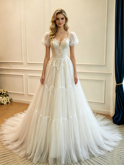 White Tulle Lace Puff Sleeve Wedding Dress