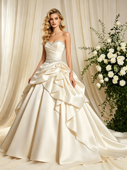 Ivory Satin Strapless Pleats Beading Wedding Dress