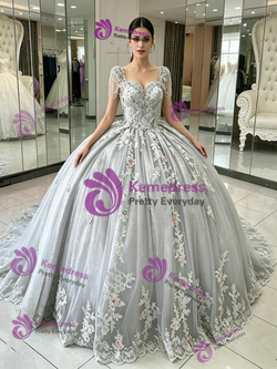 Gray Tulle Appliques Quinceanera Dress
