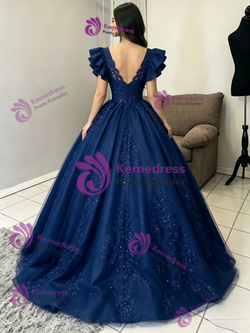Blue V-neck Appliques Quinceanera Dress