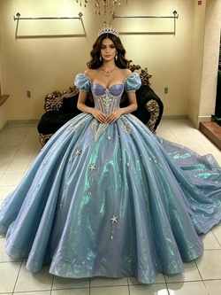 Blue Puff Sleeve Beading Quinceanera Dress