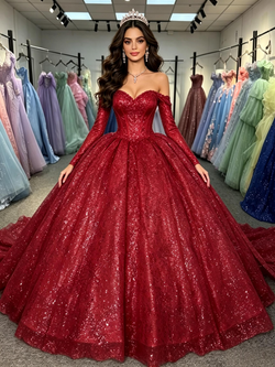 Long Sleeve Sequins Off the Shoulder Quinceanera Dress