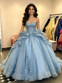 Blue Tulle Strapless Appliques Quinceanera Dress