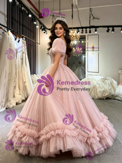 Pink Tulle Square Neck Puff Sleeve Appliques Quinceanera Dress