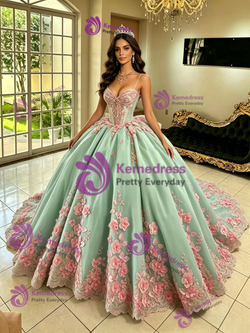 Green Tulle Straps 3D Appliques Quinceanera Dress