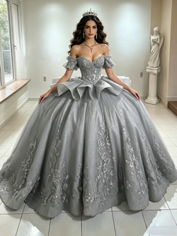 Gray Tulle Off the Shoulder Appliques Quinceanera Dress