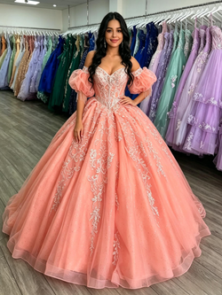 Oragne Tulle Puff Sleeve Appliques Quinceanera Dress
