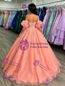 Oragne Tulle Puff Sleeve Appliques Quinceanera Dress