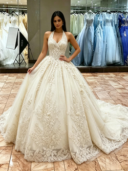 Apricot Tulle Halter Appliques Quinceanera Dress