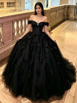 Blakc Tulle Off he Shoulder Quinceanera Dress