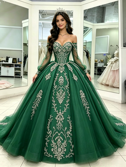 Green Tulle Long Sleeve Appliques Quinceanera Dress