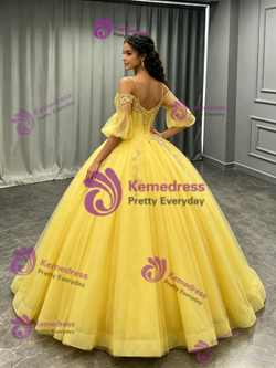 Yellow Tulle Straps Puff Sleeve Appliques Quinceanera Dress