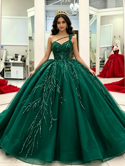 Green Tulle One Shoulder Quinceanera Dress