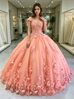 Orange Tulle Off the Shoulder Appliques Quinceanera Dress
