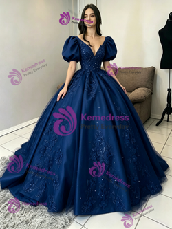 Navy Blue V-neck Puff Sleeve Quinceanera Dress